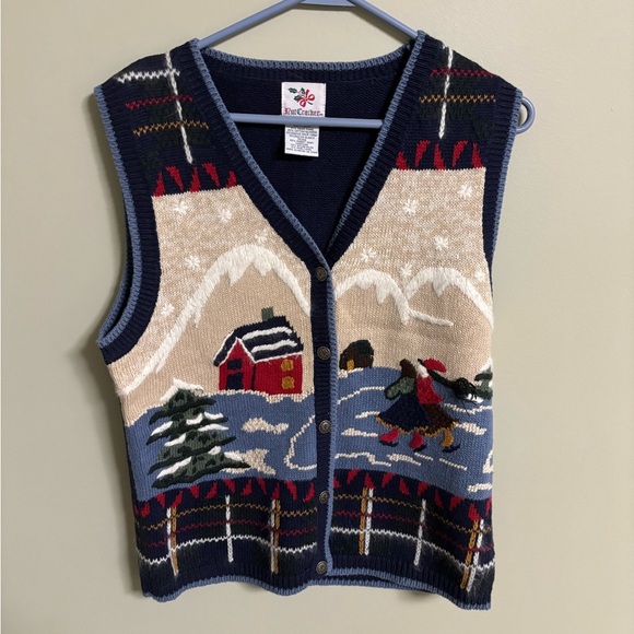 Vintage Womens Sweater Vest Navy Ice Skating Snowy Winter Scene Size Small 3D - Picture 1 of 7
